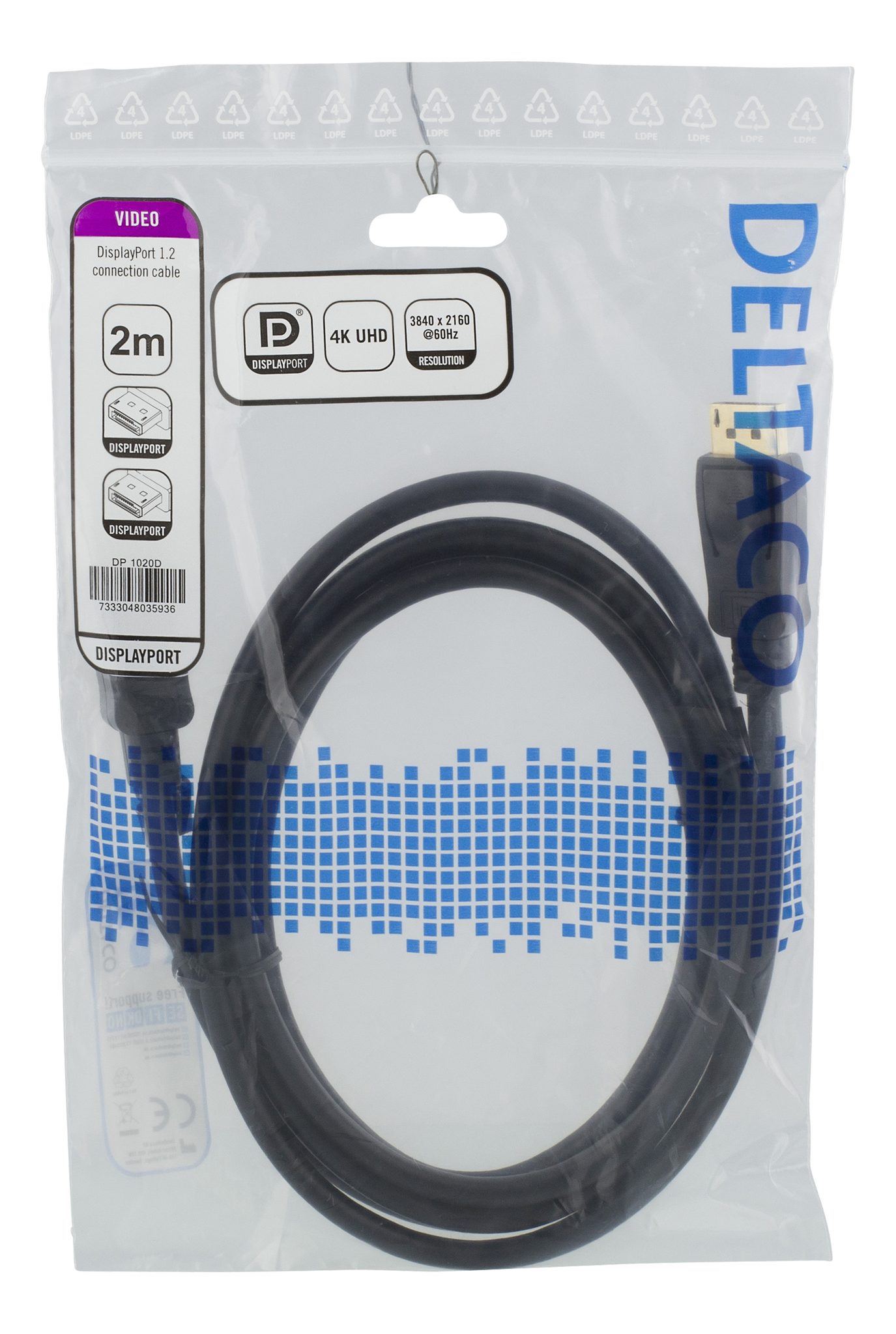 Deltaco DisplayPort cable, 2 m, 4K UHD, DP 1.2, black