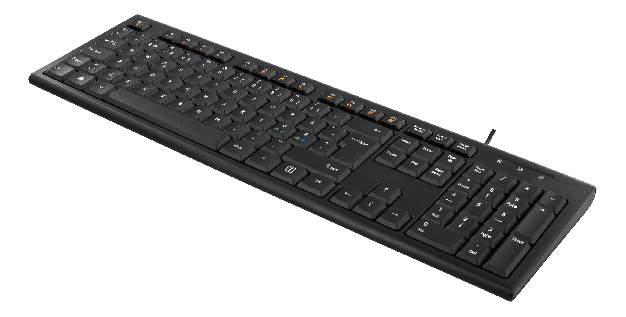 Deltaco Tastatur, nordisk layout, USB, 1,1m kabel, svart, 13 medietaster