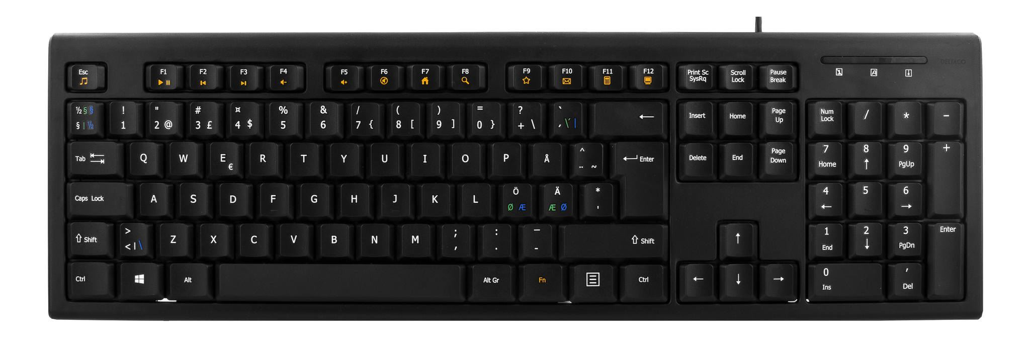 Deltaco Tastatur, nordisk layout, USB, 1,1m kabel, svart, 13 medietaster