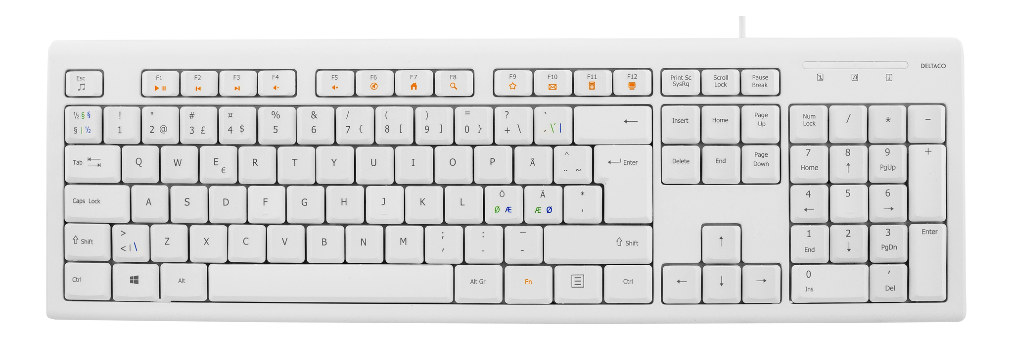 Deltaco Tastatur, nordisk layout, USB, 1,1m kabel, hvit, 13 medietaster