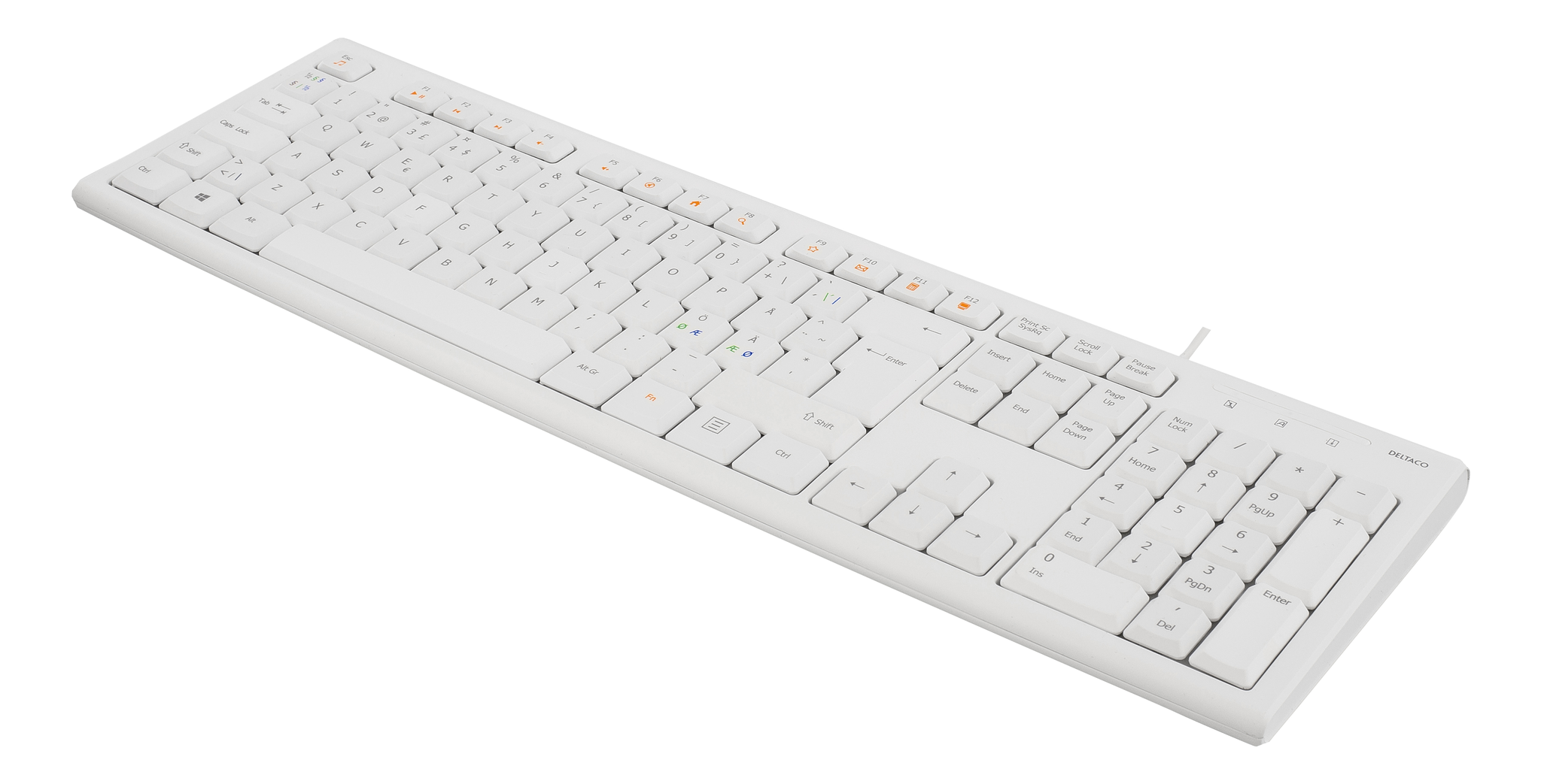 Deltaco Tastatur, nordisk layout, USB, 1,1m kabel, hvit, 13 medietaster