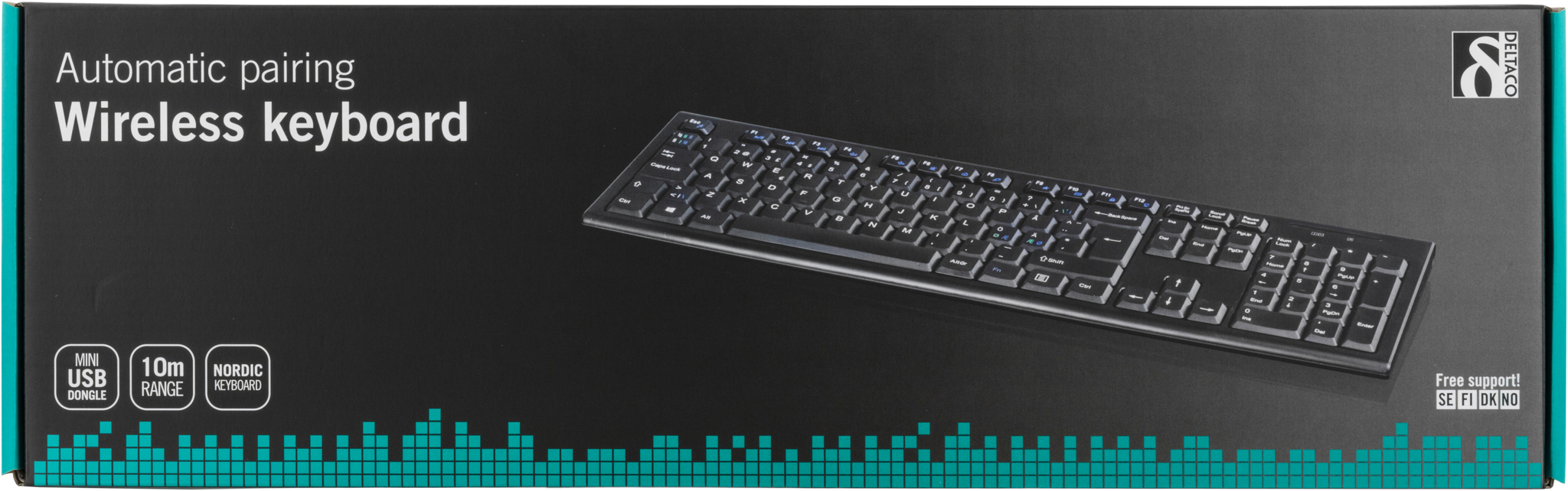 Deltaco Trådløst tastatur, nordisk layout, USB, nano-mottaker, 10m rekkevidde, svart