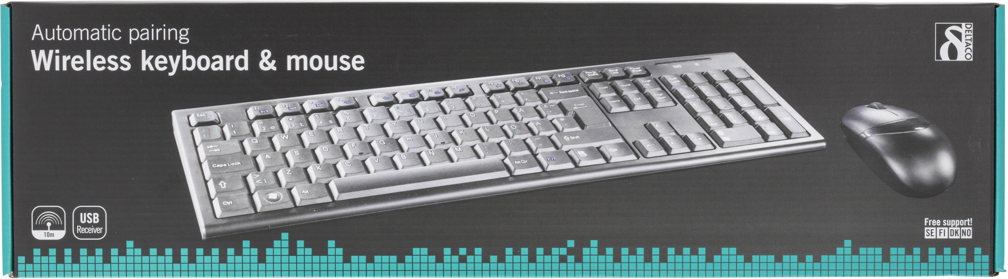 Deltaco Trådløst tastatur og mus, USB nano-mottaker, 10m, nordisk layout, svart