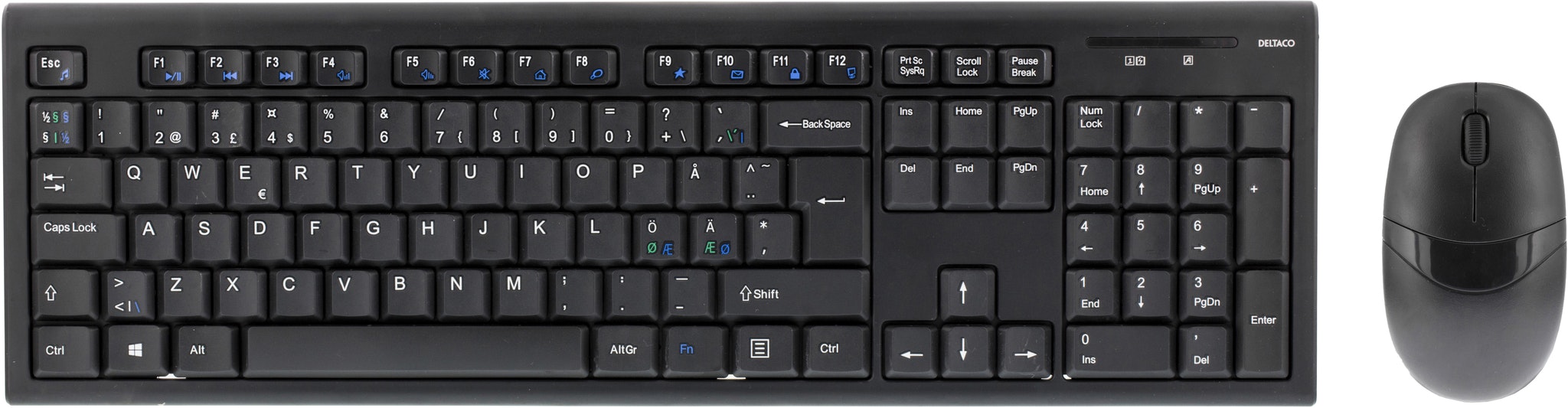 Deltaco Trådløst tastatur og mus, USB nano-mottaker, 10m, nordisk layout, svart