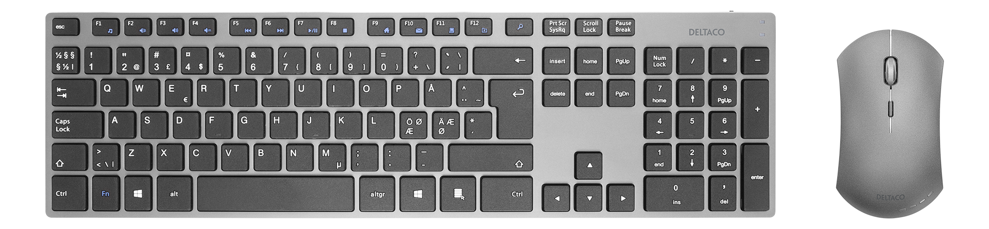 Deltaco Trådløst tastatur og mus, USB mottaker, innebygget batteri, batteri indikator, nordisk layout, mørk grå