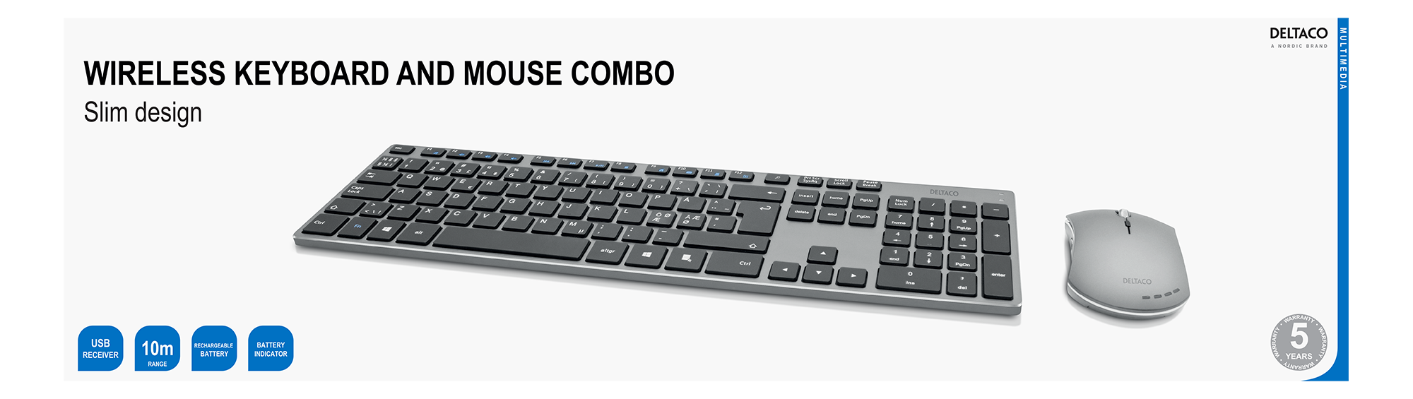Deltaco Trådløst tastatur og mus, USB mottaker, innebygget batteri, batteri indikator, nordisk layout, mørk grå