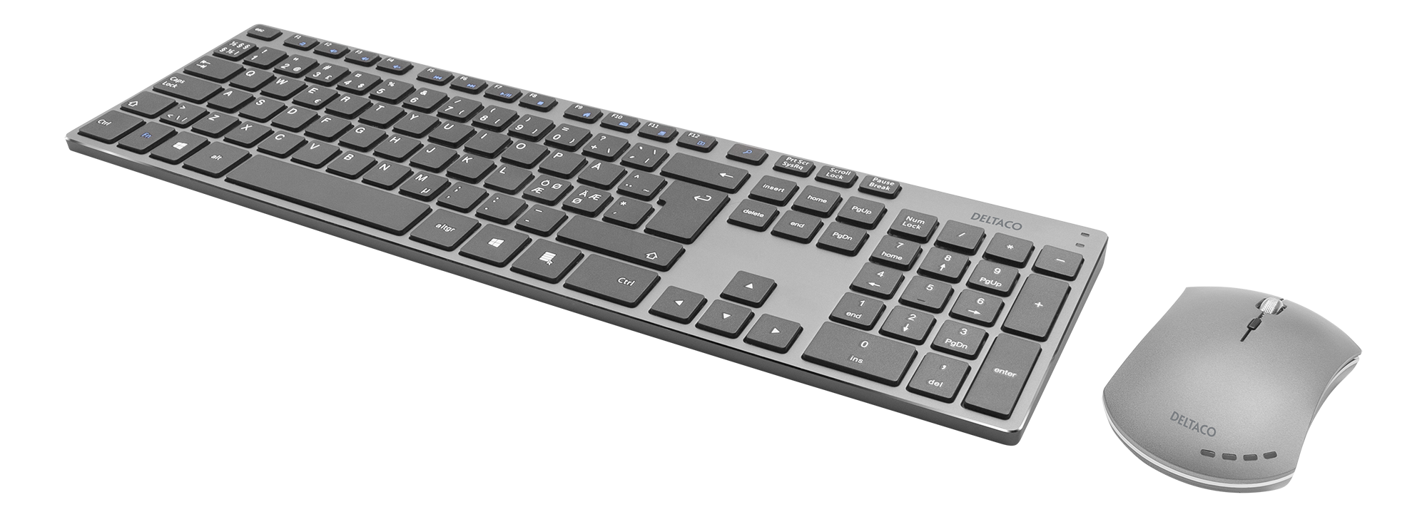 Deltaco Trådløst tastatur og mus, USB mottaker, innebygget batteri, batteri  indikator, nordisk layout, mørk grå - Eivind Aasnes