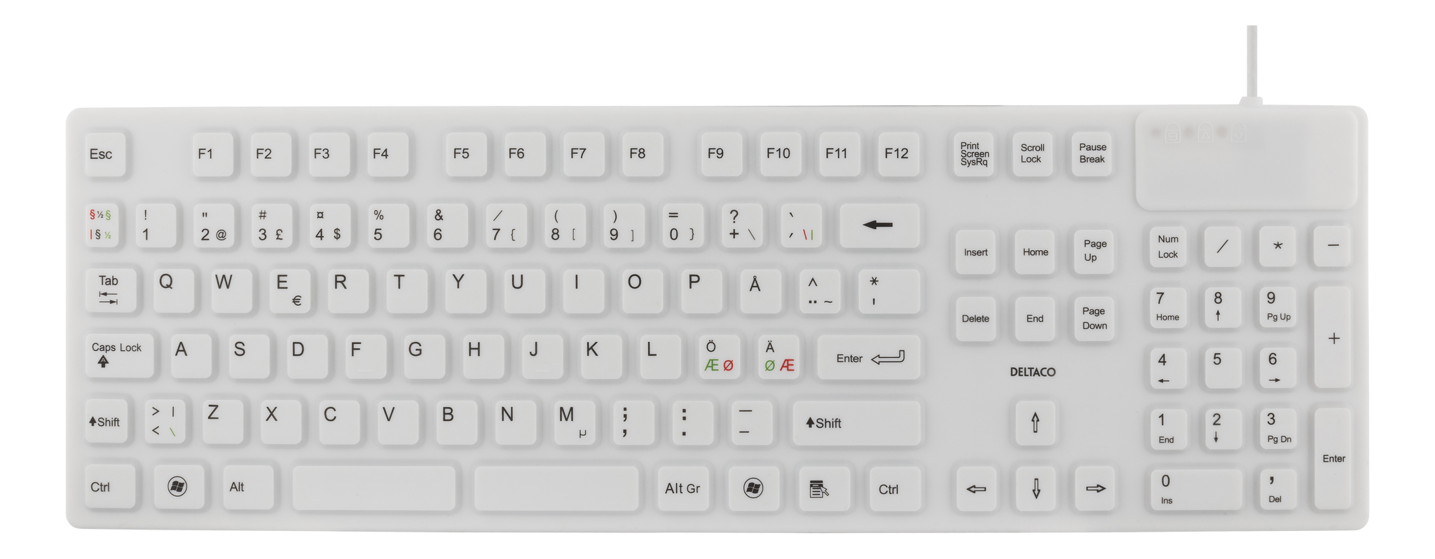 Deltaco Tastatur i silikon, IP68, full størrelse, 105 taster, hvit