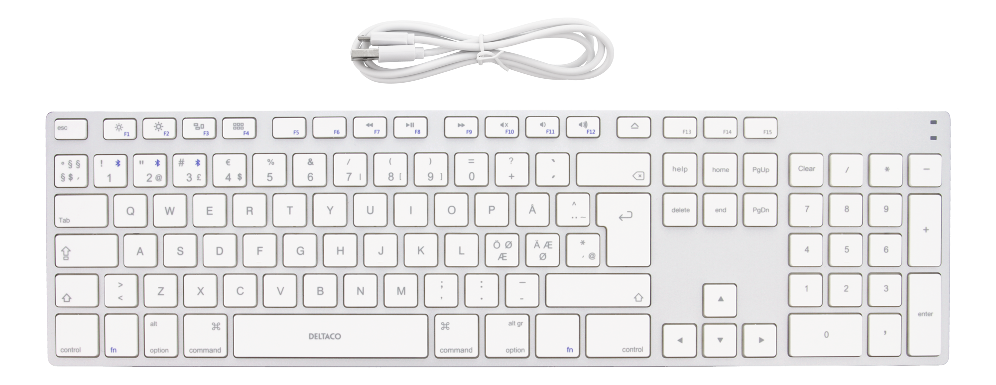 Deltaco Fullstørrelse Bluetooth aluminium tastatur, Bluetooth 3.0, innebygd batteri, Nordisk layout, sølv
