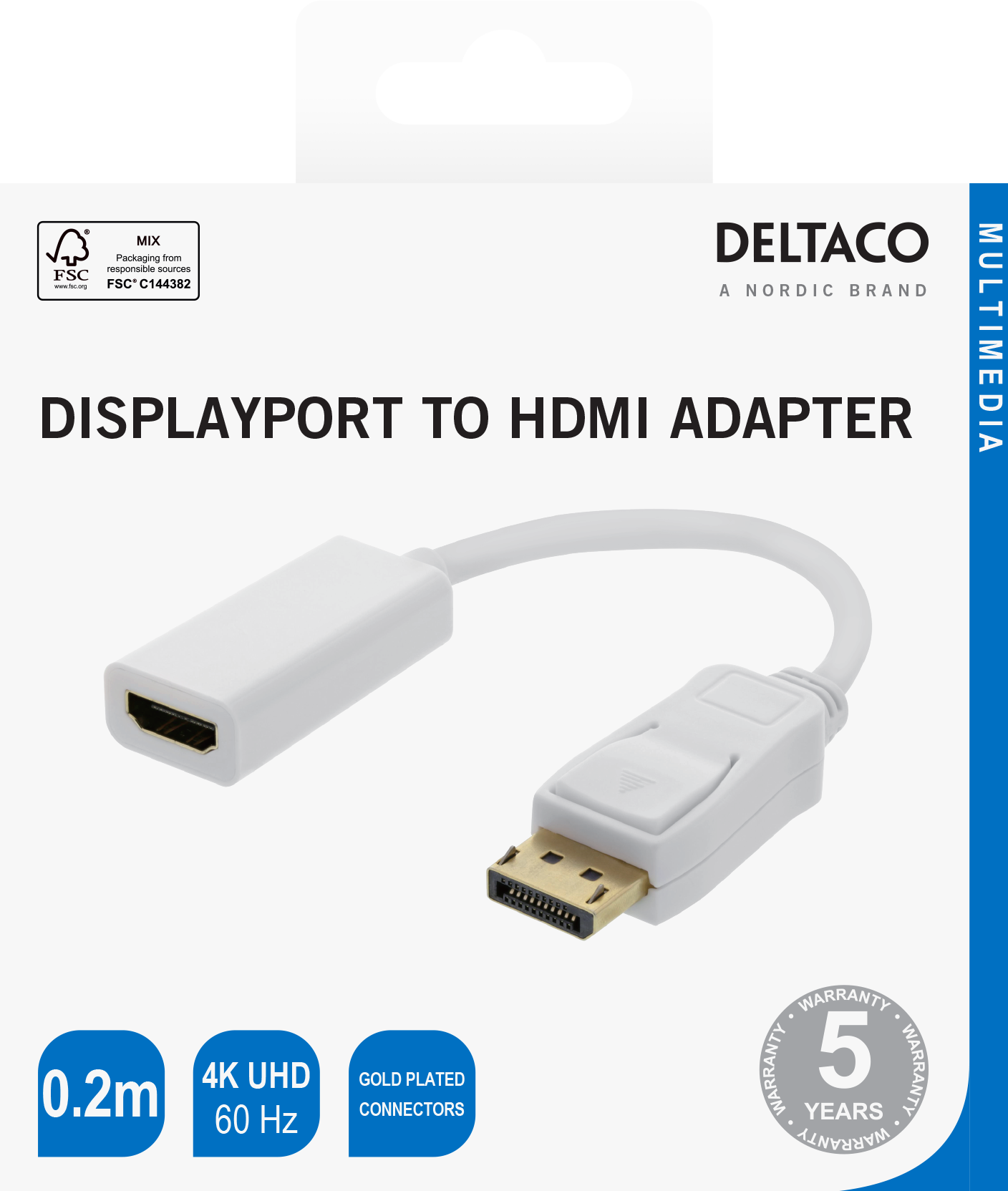 Deltaco HDMI - DisplayPort adapter, 4K UHD 60Hz, 0.2m, hvit