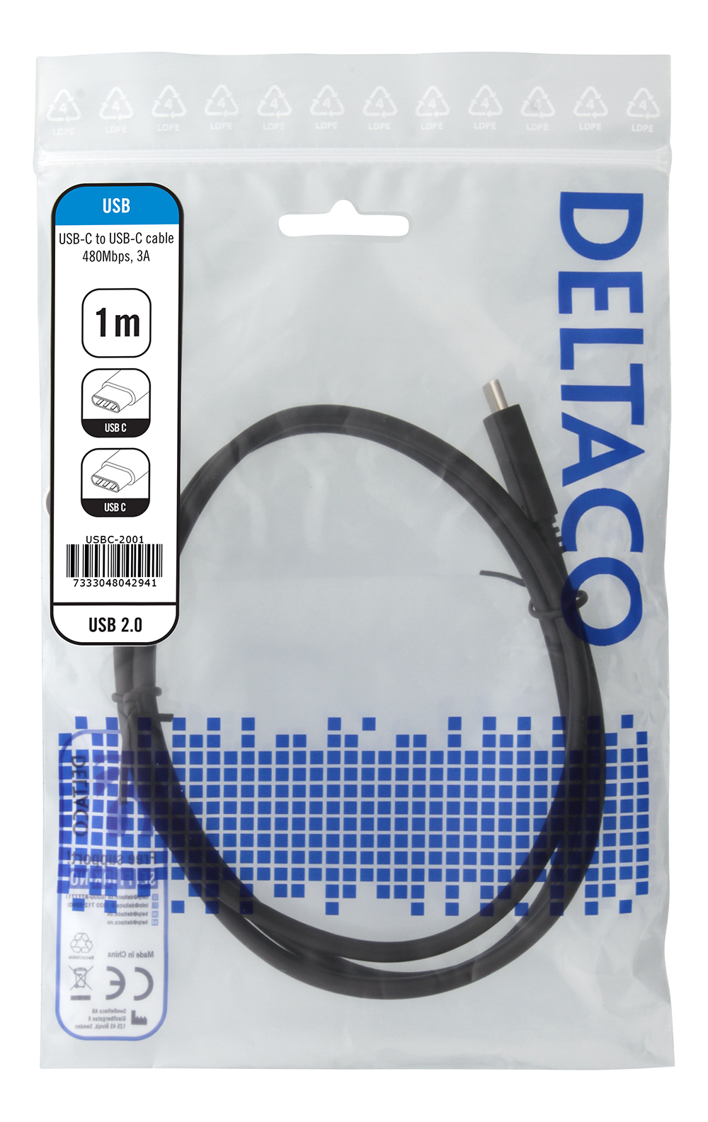 Deltaco USB 2.0 USB-C - USB-C ladekabel, 3A, 1m, svart