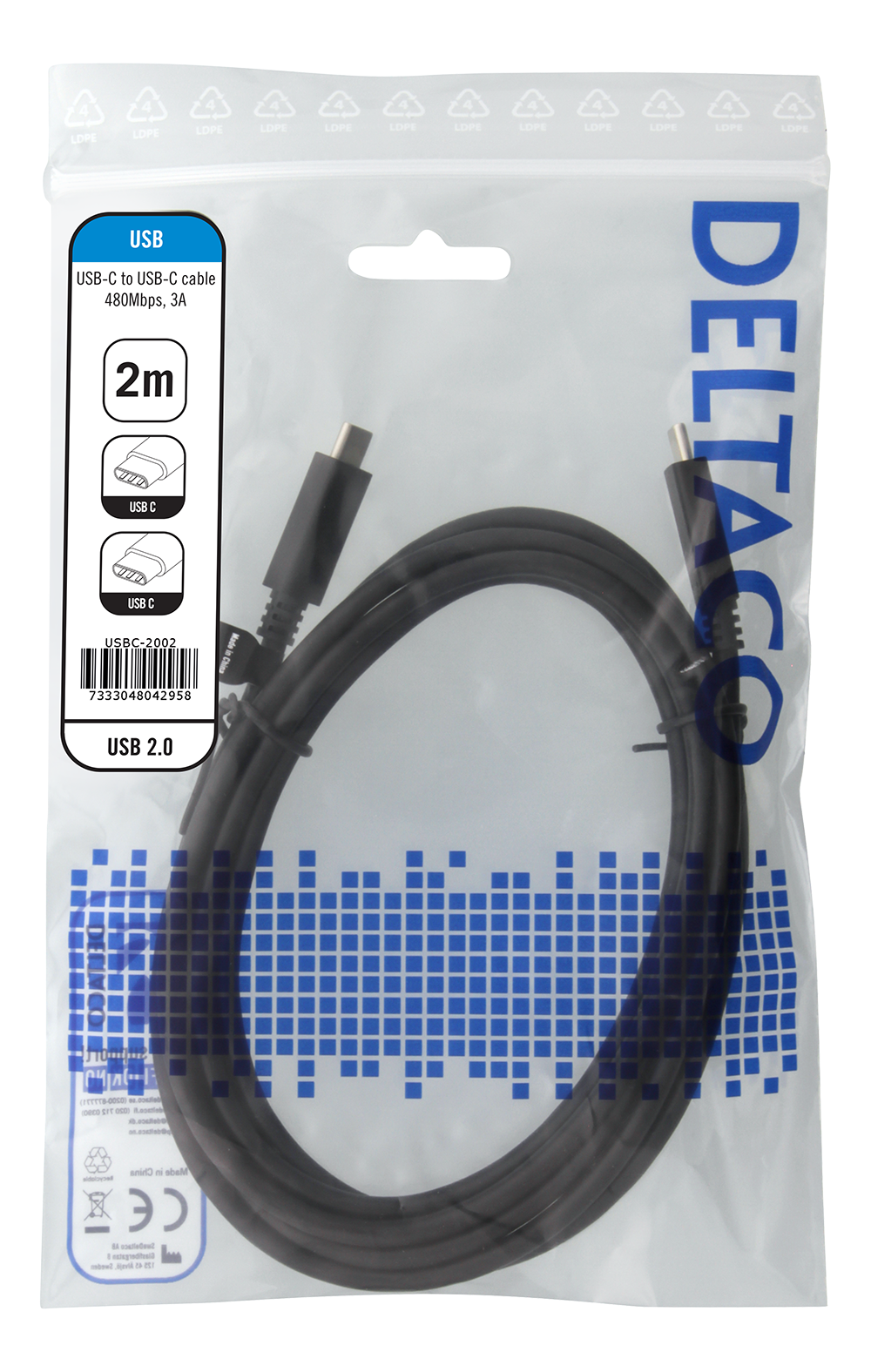 Deltaco USB 2.0 USB-C - USB-C ladekabel, 3A, 2m, svart
