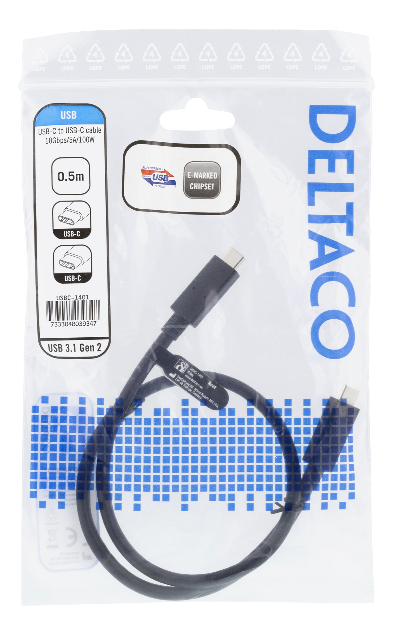 Deltaco USB-C til USB-C kabel, 0.5m, 10Gbps, 100W 5A, USB 3.1 Gen 2, E-Market, svart