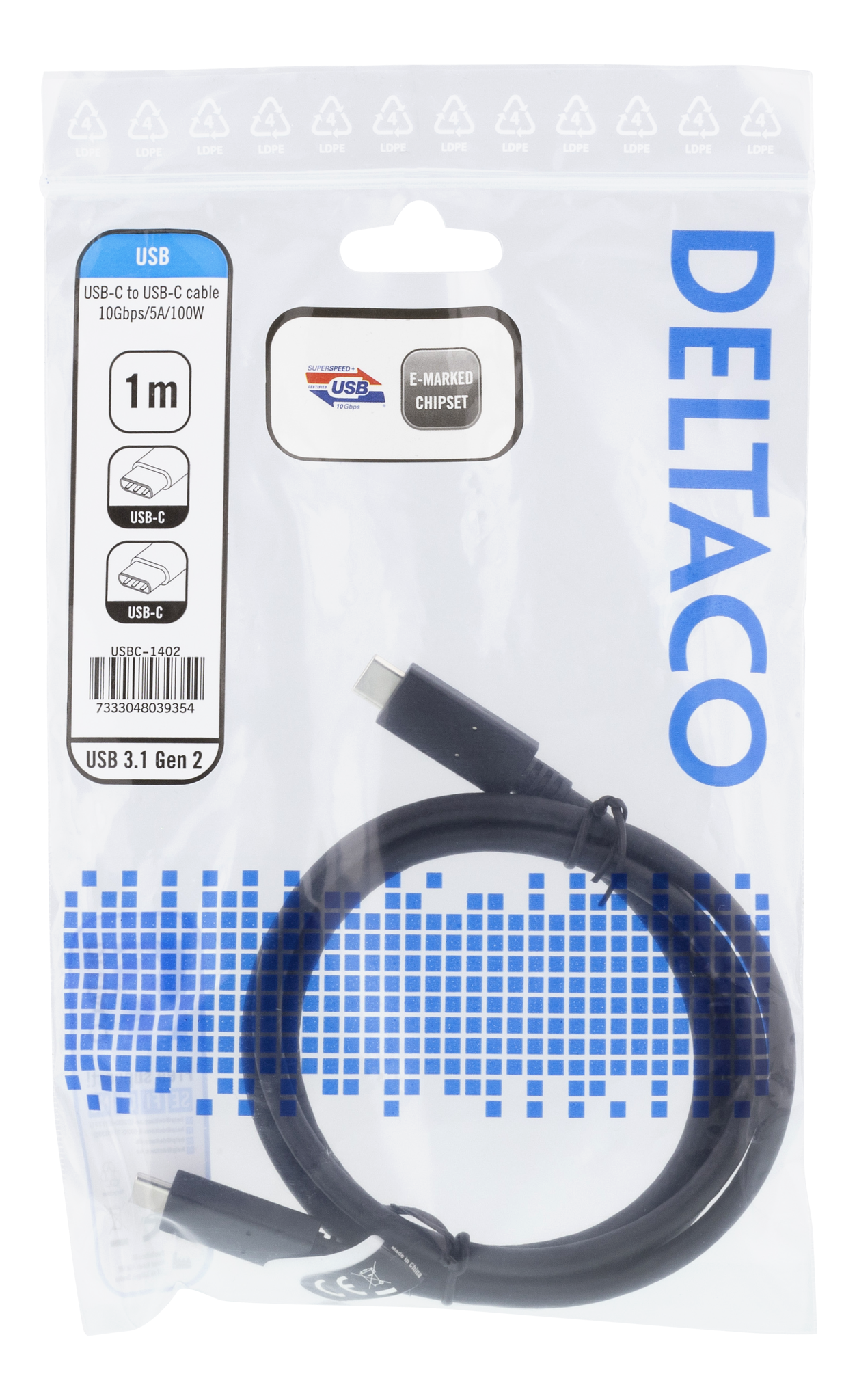 Deltaco USB-C til USB-C kabel, 1m, 10Gbps, 100W 5A, USB 3.1 Gen 2, E-Market, svart