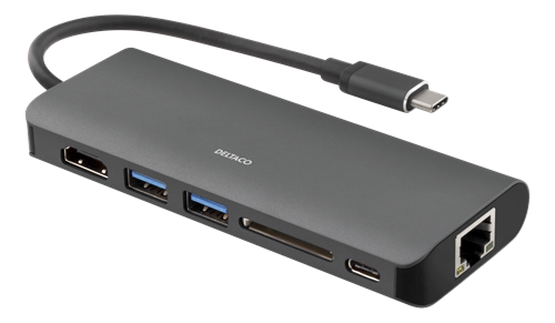 Deltaco USB-C Docking Station med HDMI, RJ45, 2xUSB Type A, USB-C port for lading, minnekortleser, svart