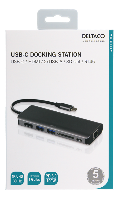 Deltaco USB-C Docking Station med HDMI, RJ45, 2xUSB Type A, USB-C port for lading, minnekortleser, svart