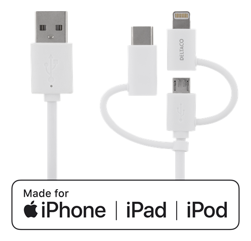 Deltaco USB C/Micro USB/Lightning-sync/-charge cable, MFi, 0,5m, 15W, USB  Type A Male, white - Eivind Aasnes