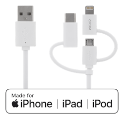 Deltaco USB C/Micro USB/Lightning-sync/-charge cable, MFi, 1m, 15W, USB Type A Male, white