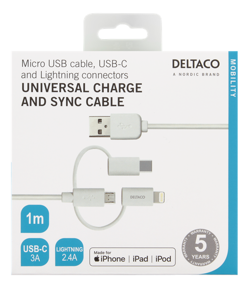 Deltaco USB C/Micro USB/Lightning-sync/-charge cable, MFi, 1m, 15W, USB Type A Male, white
