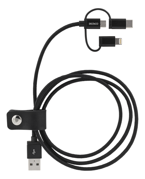 Deltaco 3-in-1 USB Sync/Charging, universal, USB-2.0, 2.4A/12W, Cloth-braided, MFi, USB-A ma - Lightning ma - micro-B ma - USB-C ma, 1m, black