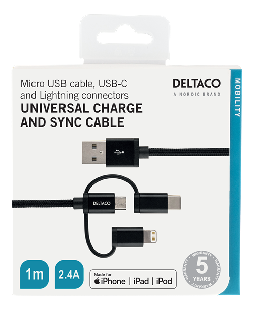 Deltaco 3-in-1 USB Sync/Charging, universal, USB-2.0, 2.4A/12W, Cloth-braided, MFi, USB-A ma - Lightning ma - micro-B ma - USB-C ma, 1m, black