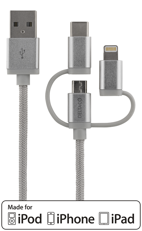 Deltaco 3-in-1 USB Sync/Charging, universal, USB-2.0, 2.4A/12W, Cloth-braided, MFi, USB-A ma - Lightning ma - micro-B ma - USB-C ma, 1m, silver
