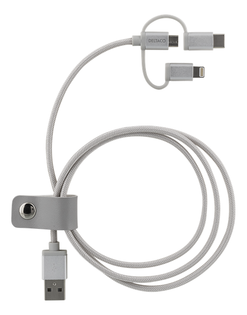 Deltaco 3-in-1 USB Sync/Charging, universal, USB-2.0, 2.4A/12W, Cloth-braided, MFi, USB-A ma - Lightning ma - micro-B ma - USB-C ma, 1m, silver