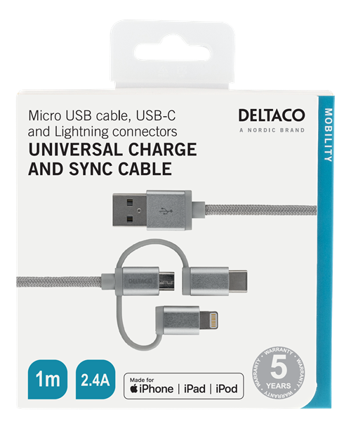 Deltaco 3-in-1 USB Sync/Charging, universal, USB-2.0, 2.4A/12W, Cloth-braided, MFi, USB-A ma - Lightning ma - micro-B ma - USB-C ma, 1m, silver