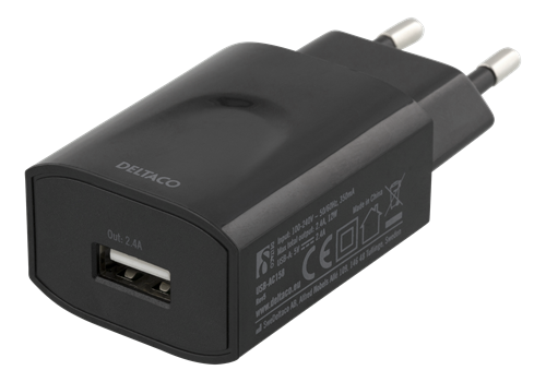 Deltaco wall charger 100-240 V to 5 V USB, 2.4 A, 12 W, 1x USB-A port, white bag, black