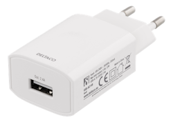 Deltaco wall charger 100-240 V to 5 V USB, 2.4 A, 12 W, 1x USB-A port, white bag, white