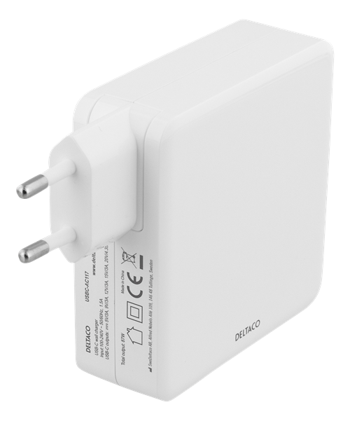 Deltaco 87W USB-C Power supply, Fast charging, USB-C PD, white