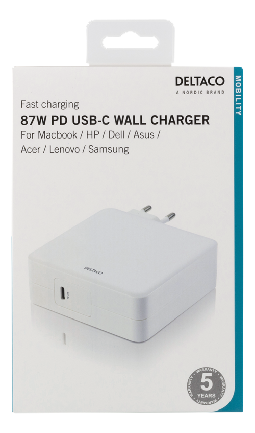 Deltaco 87W USB-C Power supply, Fast charging, USB-C PD, white