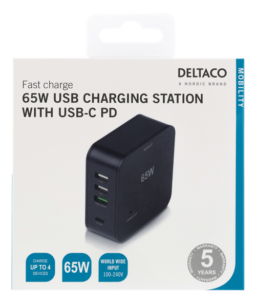 Deltaco 65W USB Charging station, USB-C PD 45W, Fast charge 18W, USB-A, black