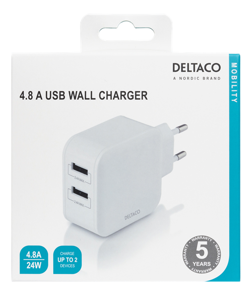 Deltaco Wall charger with dual USB-A ports, 4.8 A, 24 W, white