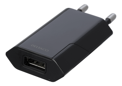 Deltaco USB wall charger, 100 – 240 V, 1x USB-A, 1 A, 5 W, retail, black