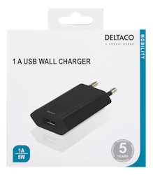 Deltaco USB wall charger, 100 – 240 V, 1x USB-A, 1 A, 5 W, retail, black