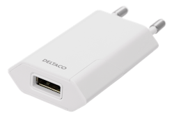 Deltaco USB wall charger, 100 – 240 V, 1x USB-A, 1 A, 5 W, retail, white