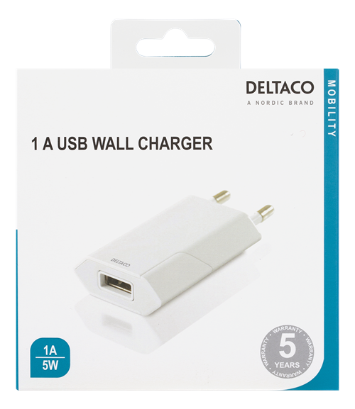 Deltaco USB wall charger, 100 – 240 V, 1x USB-A, 1 A, 5 W, retail, white