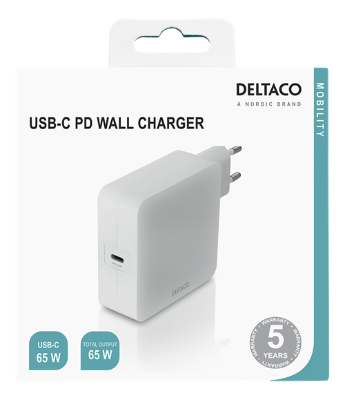 Deltaco USB-C PD wall charger, 65 W, white