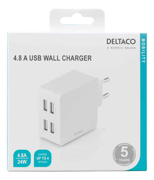 Deltaco USB wall charger with 4x USB-A ports, 4.8 A, white