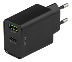 Deltaco Dual USB wall charger with PD, 1x USB-A, 1x USB-C, 18 W, black