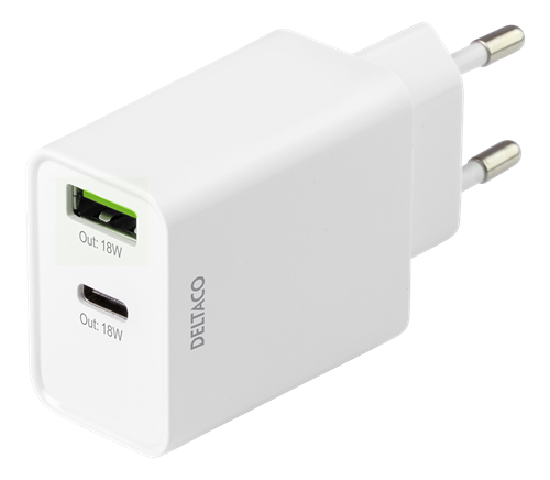 Deltaco Dual USB wall charger with PD, 1x USB-A, 1x USB-C, 18 W, white
