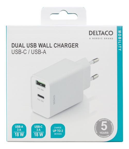 Deltaco Dual USB wall charger with PD, 1x USB-A, 1x USB-C, 18 W, white