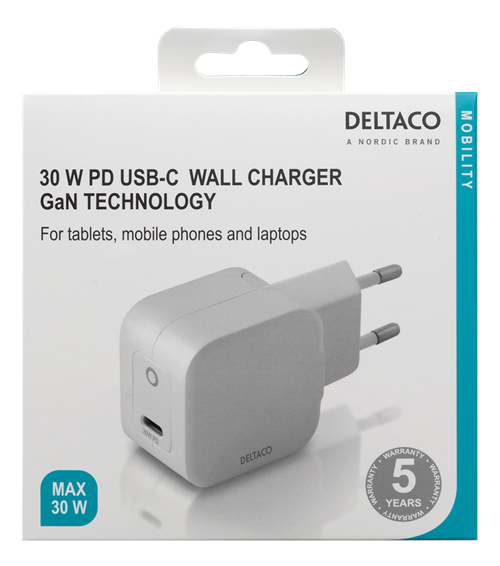 Deltaco USB-C wall charger 30 W with PD and GaN technology, white