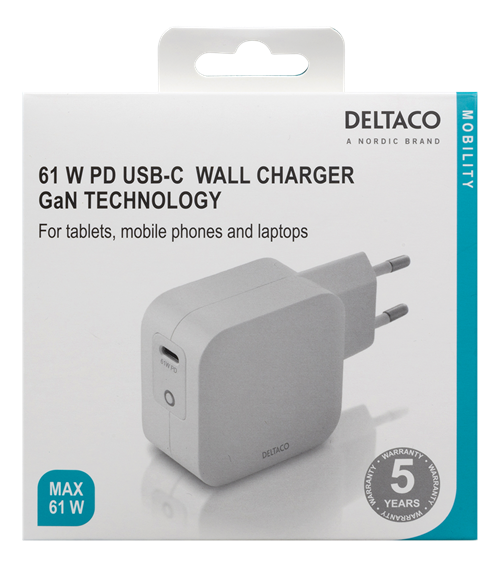 Deltaco USB-C wall charger 60 W with PD and GaN technology, white