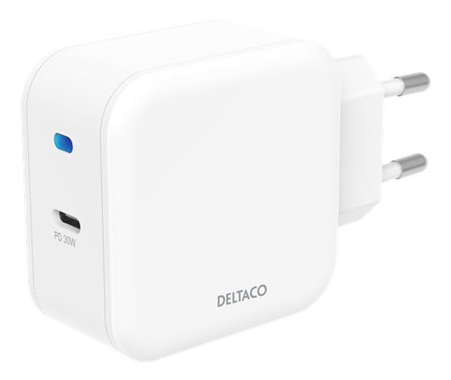 Deltaco USB-C wall charger with PD, 9 V/3 A, 30 W, white