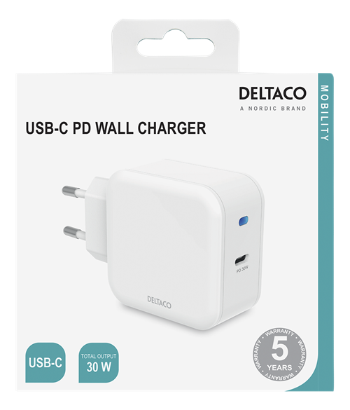 Deltaco USB-C wall charger with PD, 9 V/3 A, 30 W, white