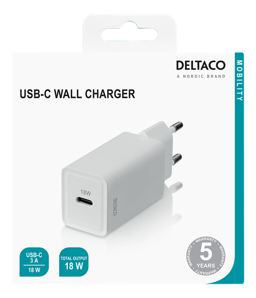 Deltaco USB-C wall charger with PD, 5 V/3 A, 18 W, white
