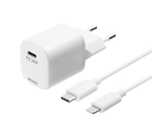 Deltaco USB-C PD wall charger with 1 m detachable USB-C to lightning cable, white