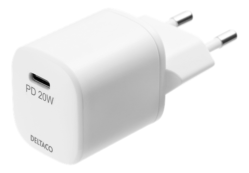 Deltaco USB-C PD wall charger with 1 m detachable USB-C to lightning cable, white